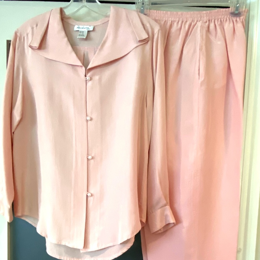 Tara Vanessa Silk Pant Set Pearl Buttons Double Collar Blous M Pant S Perfct Vin